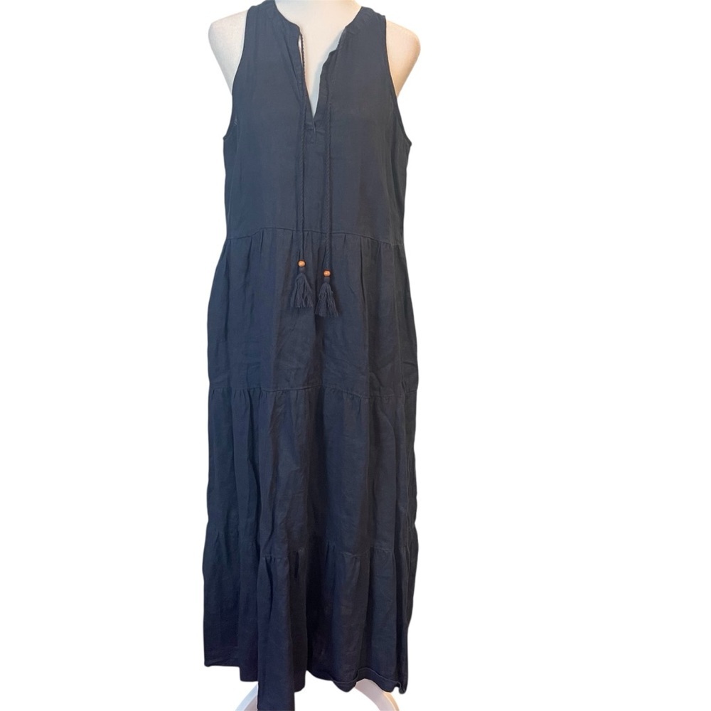 Magaschoni 100% Linen Tiered Maxi Dress Small Navy Blue Lagenlook Beach Vacation